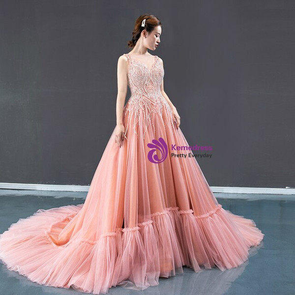 Amazing Pink Ball Gown Tulle Beading Backless Sleeveless Long Prom Dress 2020