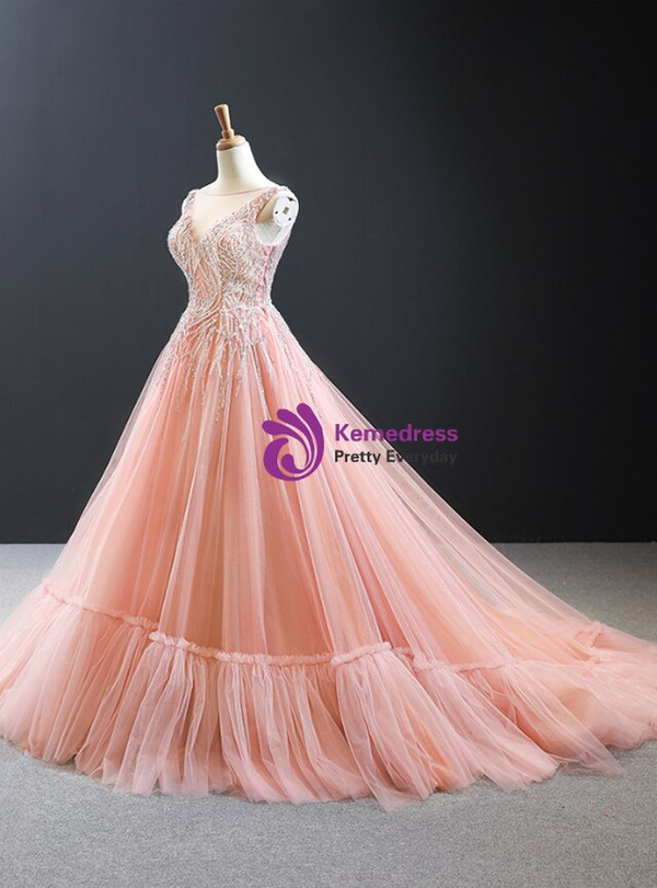 Amazing Pink Ball Gown Tulle Beading Backless Sleeveless Long Prom Dress 2020