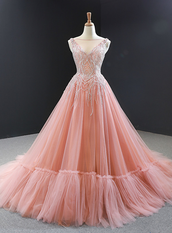 Amazing Pink Ball Gown Tulle Beading Backless Sleeveless Long Prom Dress 2020