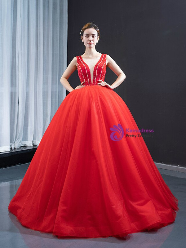 Unique Red Ball Gown Tulle See Through V-neck Backless Beading Long Prom Dress 2020