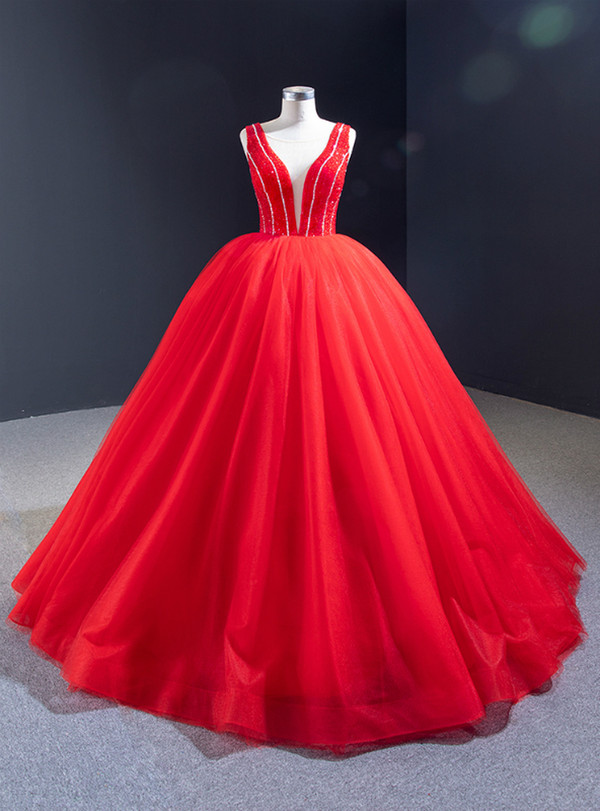 Unique Red Ball Gown Tulle See Through V-neck Backless Beading Long Prom Dress 2020