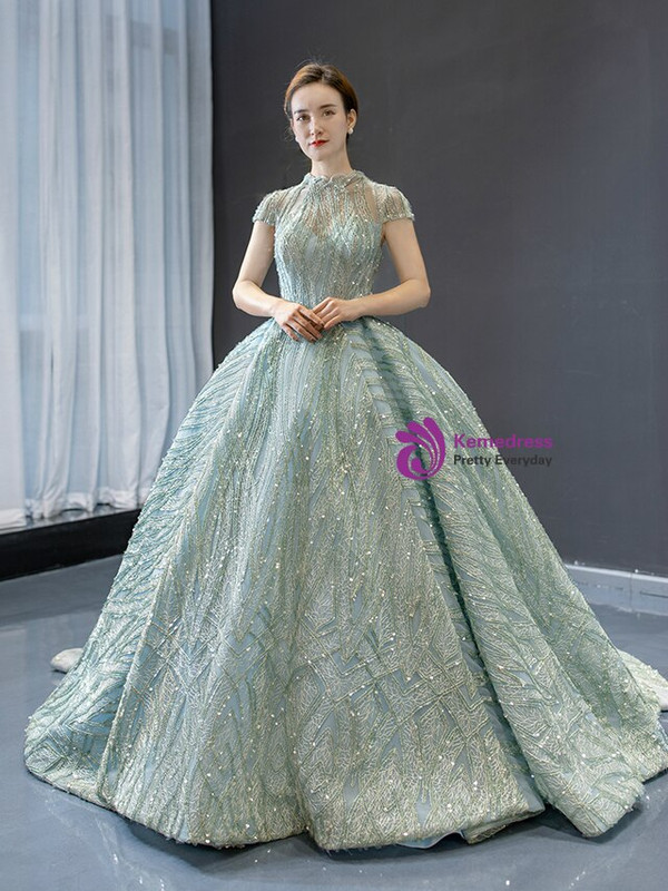 Impressive Green Ball Gown Sequins Cap Sleeve High Neck Backless Prom Dress 2020
