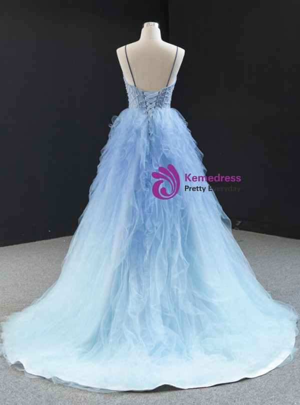 Attractive Blue Ball Gown Tulle Spaghetti Straps Beading Long Prom Dress 2020