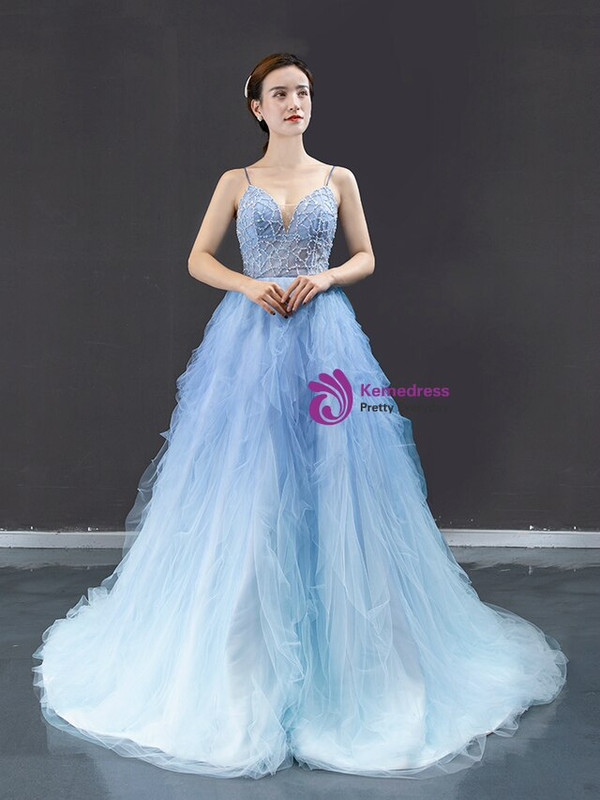 Attractive Blue Ball Gown Tulle Spaghetti Straps Beading Long Prom Dress 2020
