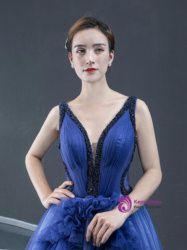 Fashionable Dark Blue And Champagne Tulle V-neck Backless Beading Pleats Prom Dress 2020