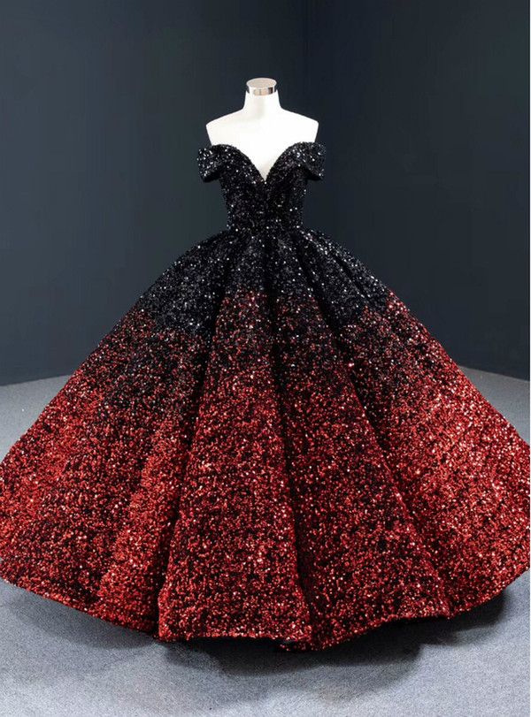 Red And Black Ball Gown Sequins Off the Shoulder Floor Length Prom Dress 2020