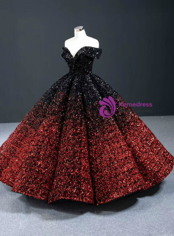 Red And Black Ball Gown Sequins Off the Shoulder Floor Length Prom Dress 2020