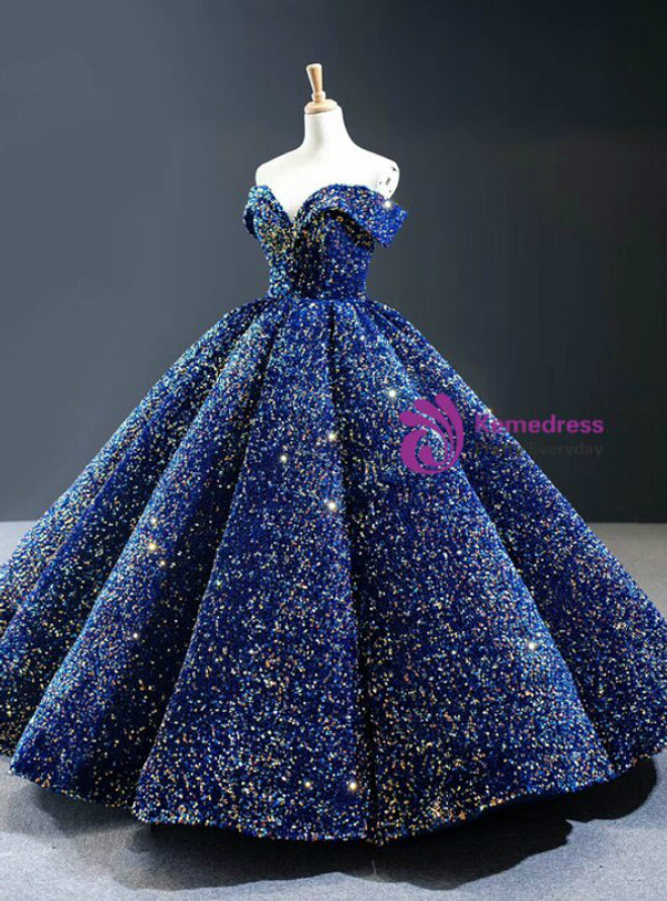 Dreamy Blue Sequins Off the Shoulder Sleeveless Prom Dress 2020