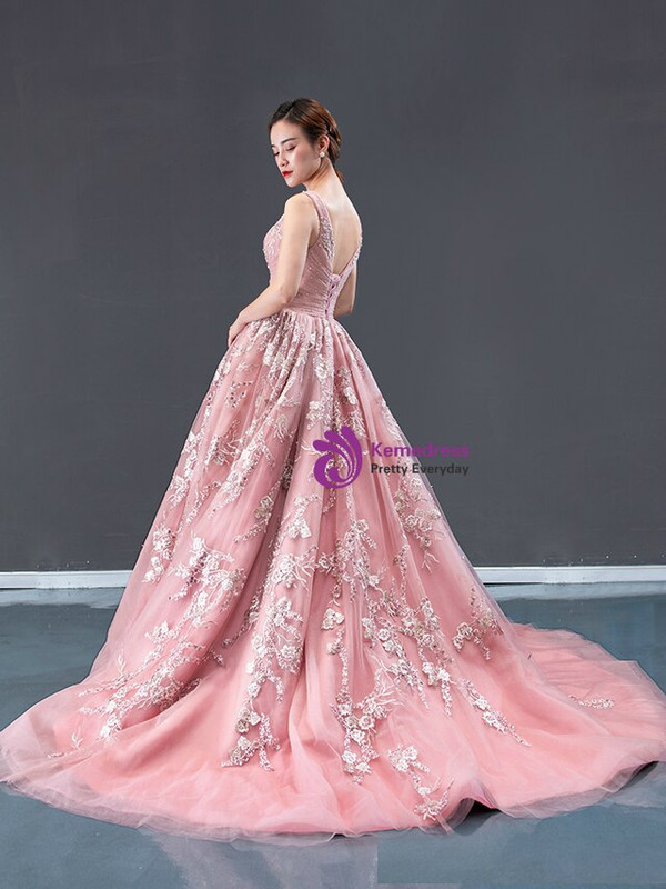 Delicate Pink Ball Gown V-neck Tulle Appliques Beading Long Prom Dress 2020