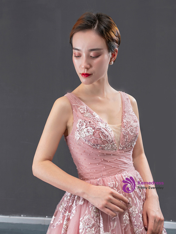Delicate Pink Ball Gown V-neck Tulle Appliques Beading Long Prom Dress 2020
