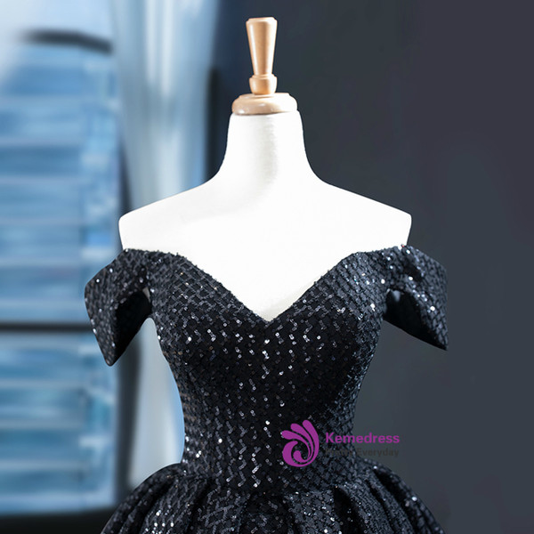 Trendy Black Ball Gown Sequins Hi Lo Off the Shoulder Sleeve Prom Dress 2020