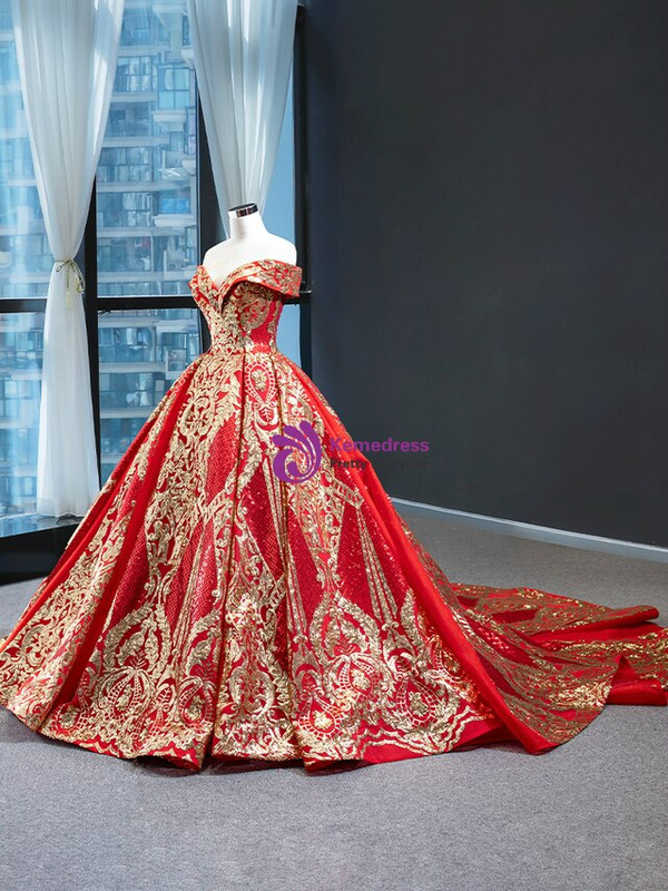 Gorgeous Red Ball Gown Sequins Off the Shoulder Prom Dress With Train 2020
