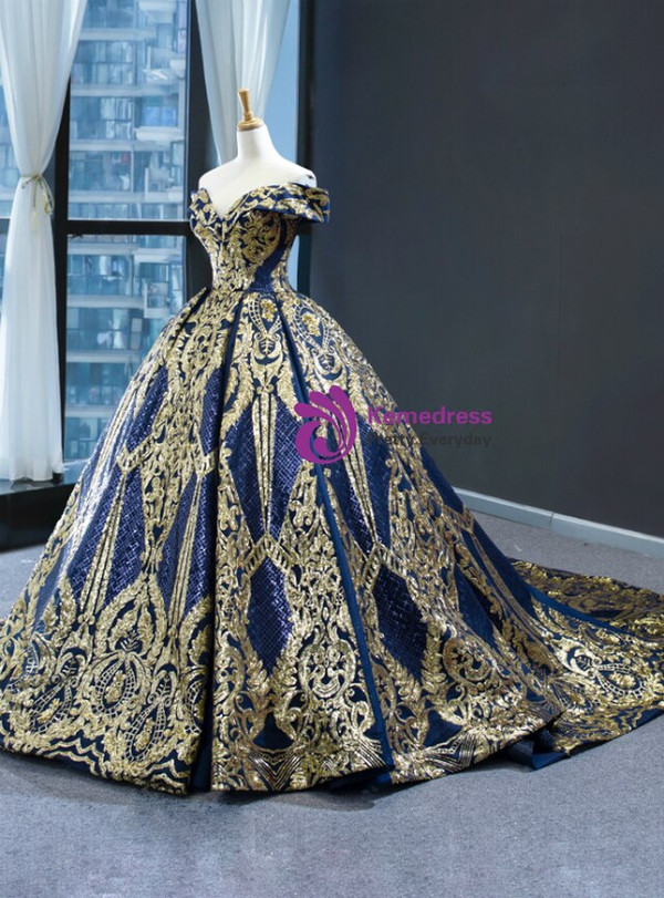 Charming Blue Ball Gown Sequins Off the Shoulder Long Prom Dress 2020