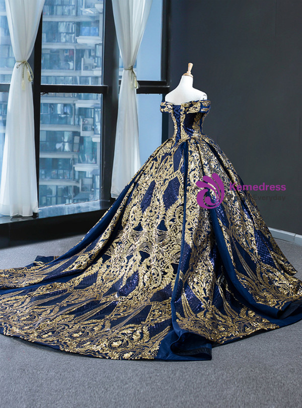 Charming Blue Ball Gown Sequins Off the Shoulder Long Prom Dress 2020