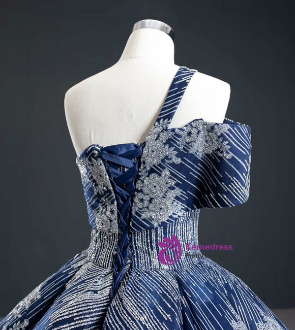 Adorable Blue Ball Gown Sequins One Shoulder Formal Prom Dress 2020