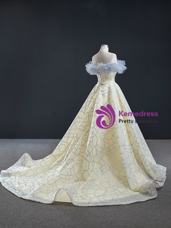 Unique Champagne Tulle Sequins Off the Shoulder Prom Dress 2020