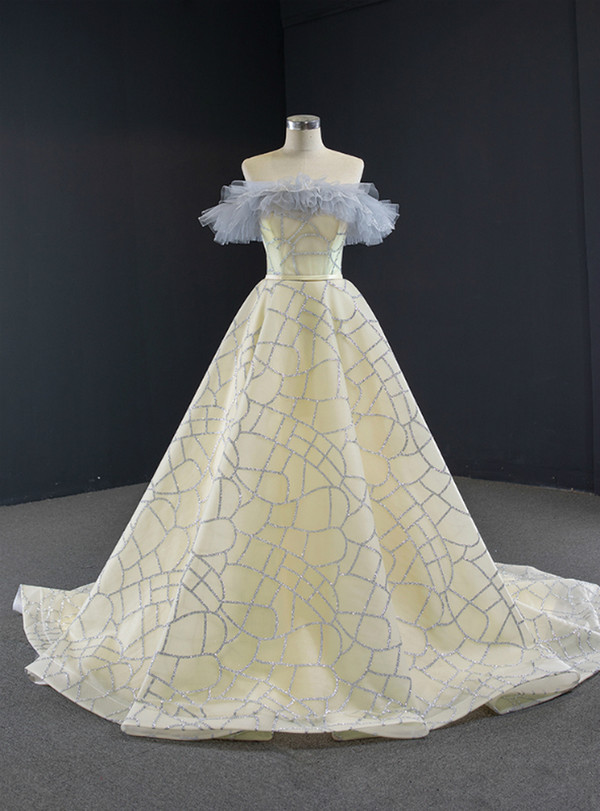 Unique Champagne Tulle Sequins Off the Shoulder Prom Dress 2020