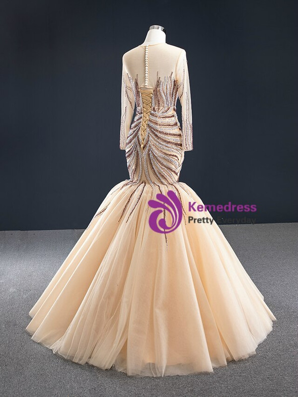 Fairy Tale Champagne Mermaid Scoop Tulle Beading Long Sleeve Prom Dress 2020