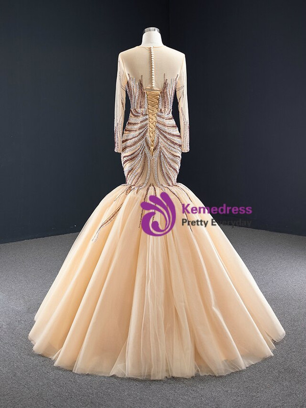 Fairy Tale Champagne Mermaid Scoop Tulle Beading Long Sleeve Prom Dress 2020