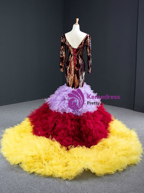 Queenly Colorful Mermaid Sequins Tulle Long Sleeve V-neck Prom Dress 2020