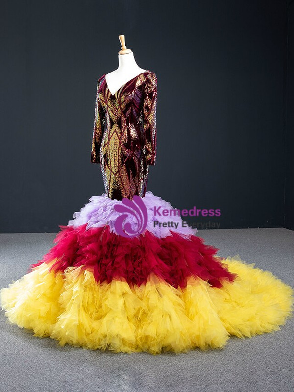 Queenly Colorful Mermaid Sequins Tulle Long Sleeve V-neck Prom Dress 2020
