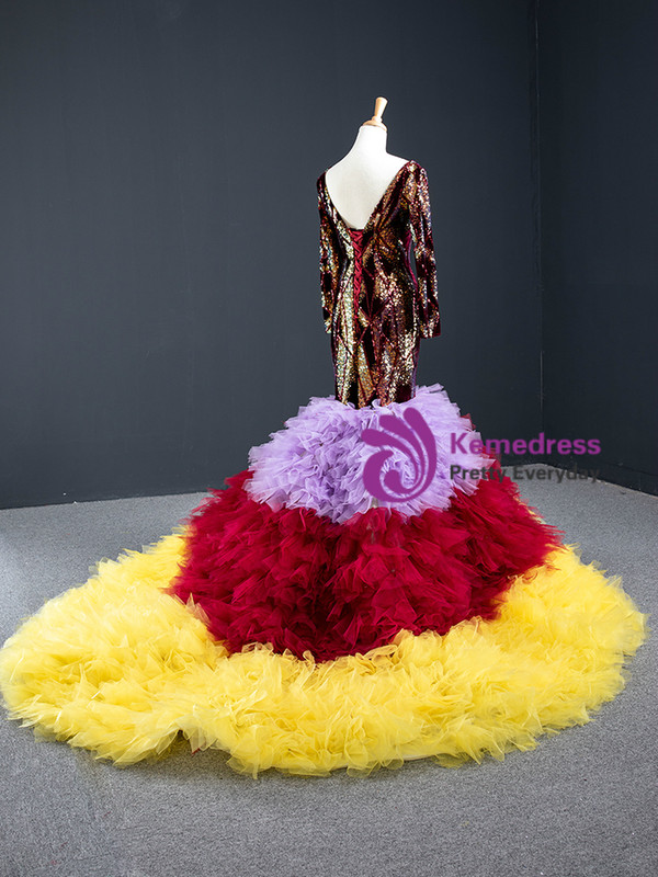 Queenly Colorful Mermaid Sequins Tulle Long Sleeve V-neck Prom Dress 2020