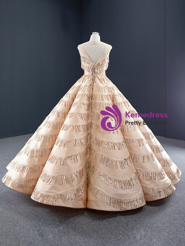 Marvelous Champagne Ball Gown Sequins Scoop Neck Backless Prom Dress 2020