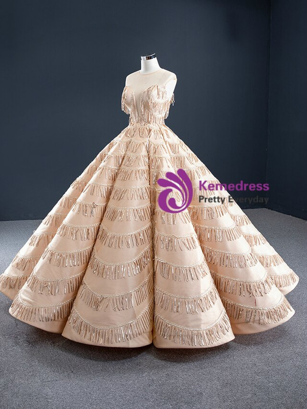 Marvelous Champagne Ball Gown Sequins Scoop Neck Backless Prom Dress 2020