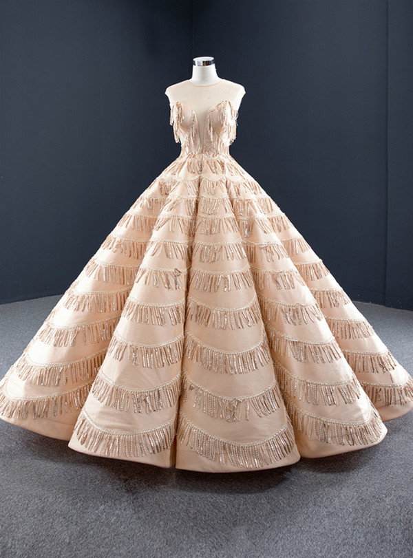 Marvelous Champagne Ball Gown Sequins Scoop Neck Backless Prom Dress 2020