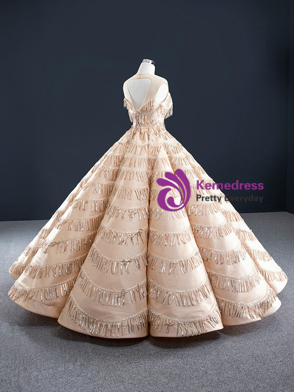 Marvelous Champagne Ball Gown Sequins Scoop Neck Backless Prom Dress 2020