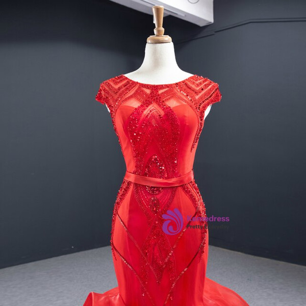 Graceful Red Mermaid Tulle Cap Sleeve Beading Sequins Backless Long Prom Dress 2020