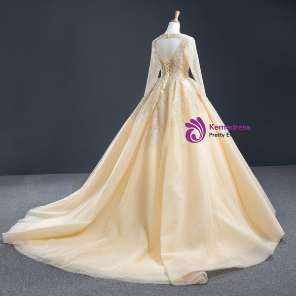 Elegant Champagne Ball Gown Tulle Sequins Long Sleeve Open Back Long Prom Dress 2020