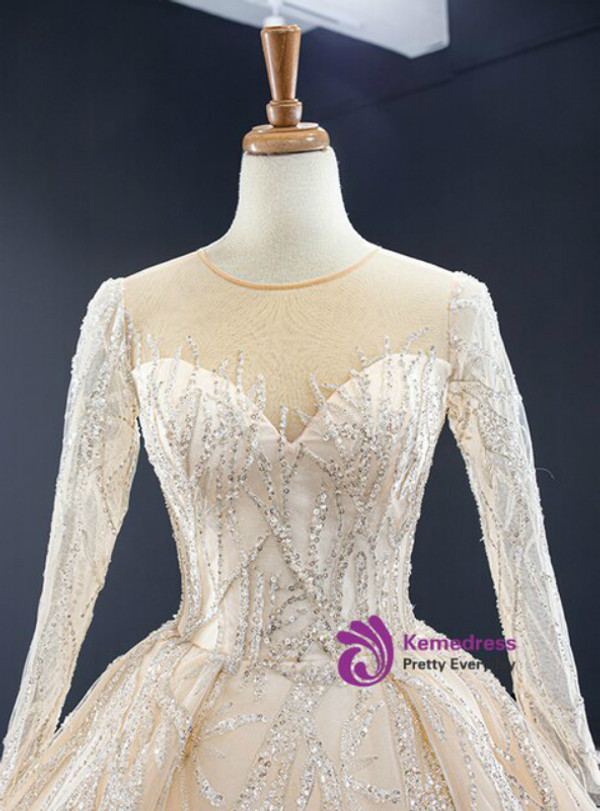 Stylish Champagne Ball Gown Tulle Seuqins Long Sleeve Long Prom Dress 2020