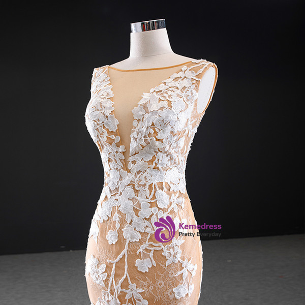 Dark Champagne Tulle Mermaid Bateau Lace Appliques Long Prom Dress 2020