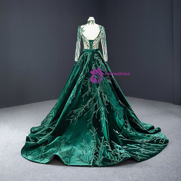 Wonderful Green Mermaid Velvet High Neck Long Sleeve Sequins Prom Dress With Removable Train 2020