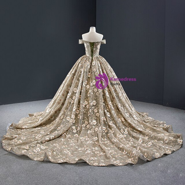 Khaki Ball Gown Off the Shoulder Tulle Embroidery Appliques Prom Dress 2020