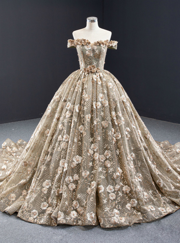 Khaki Ball Gown Off the Shoulder Tulle 
