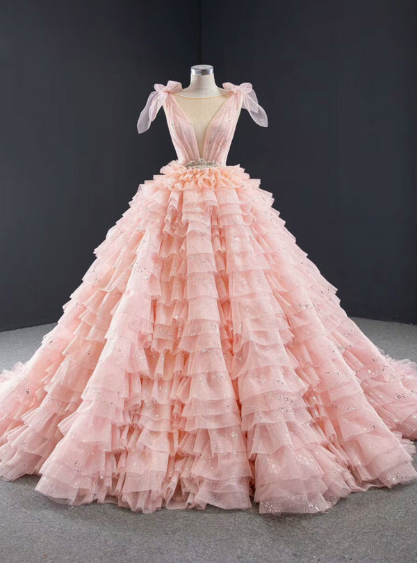 Pink Ball Gown Tulle V-neck Backless Tiers Beading Sequins Long Prom Dress 2020
