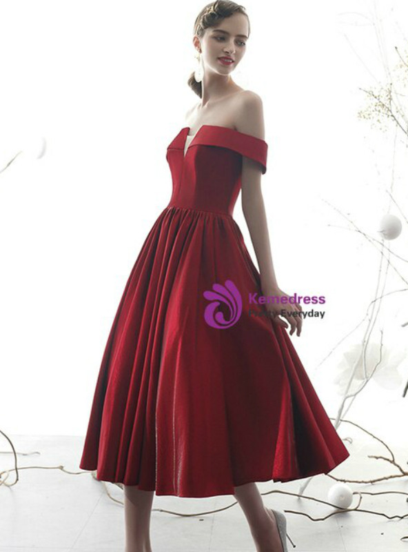 Fancy Burgundy Satin Off the Shoulder Pleats Short Prom Dress 2020