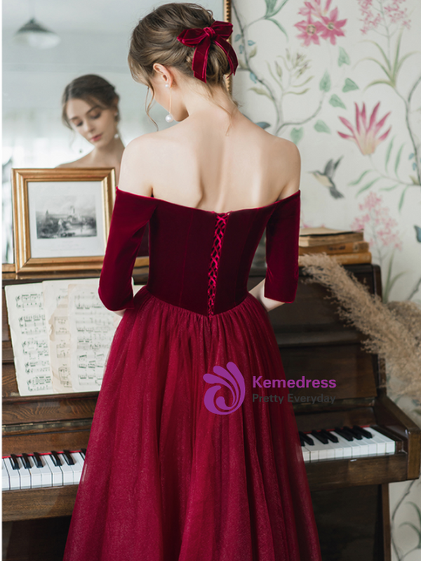 Fairy Tale Dark Burgundy Velvet Tulle Off the Shoulder Short Sleeve Long Prom Dress 2020