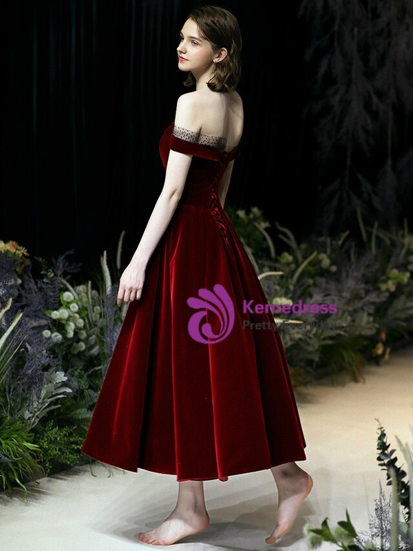 Fabulous Burgundy Velvet Off the Shoulder Short Sleeveless Prom Dress 2020