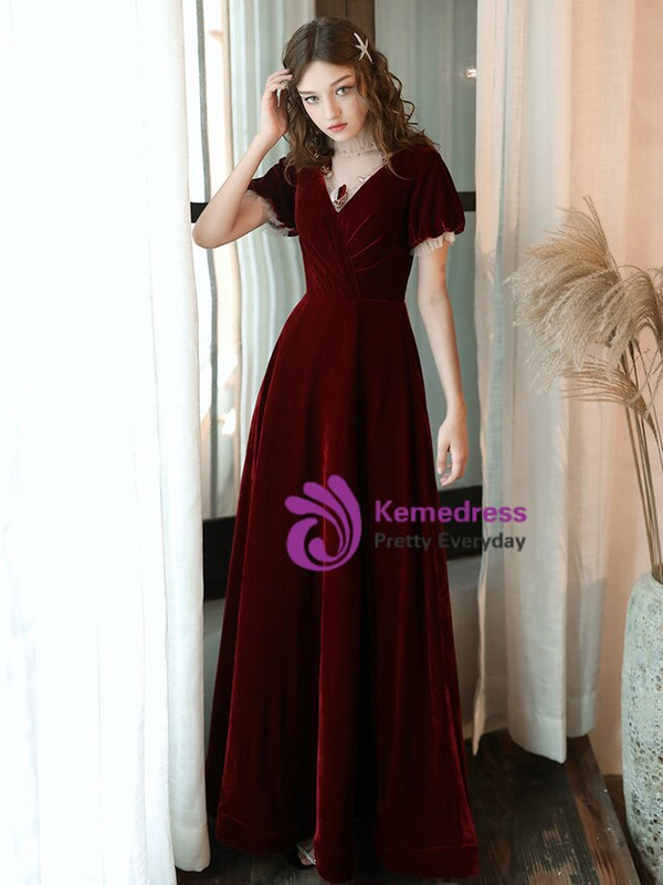 Modest Burgundy Velvet Short Sleeve Pleats Formal Prom Dress 2020
