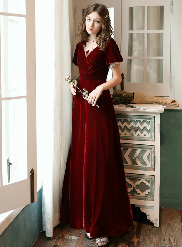 Modest Burgundy Velvet Short Sleeve Pleats Formal Prom Dress 2020