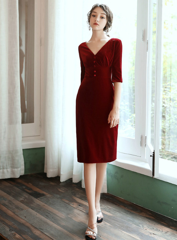 Winsome Burgundy Velvet V-neck Short Sleeve Short Prom Dress 2020