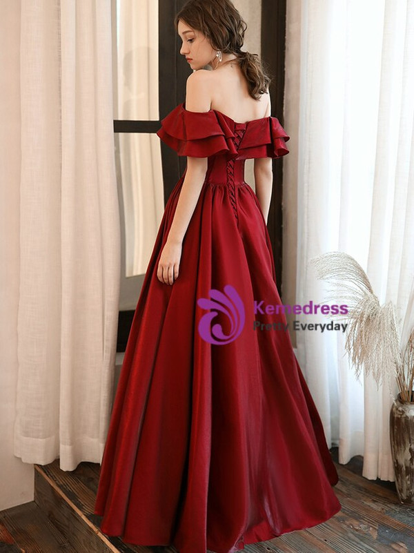 Exquisite Burgundy Satin Off the Shoulder Ruffles Floor Length Prom Dress 2020