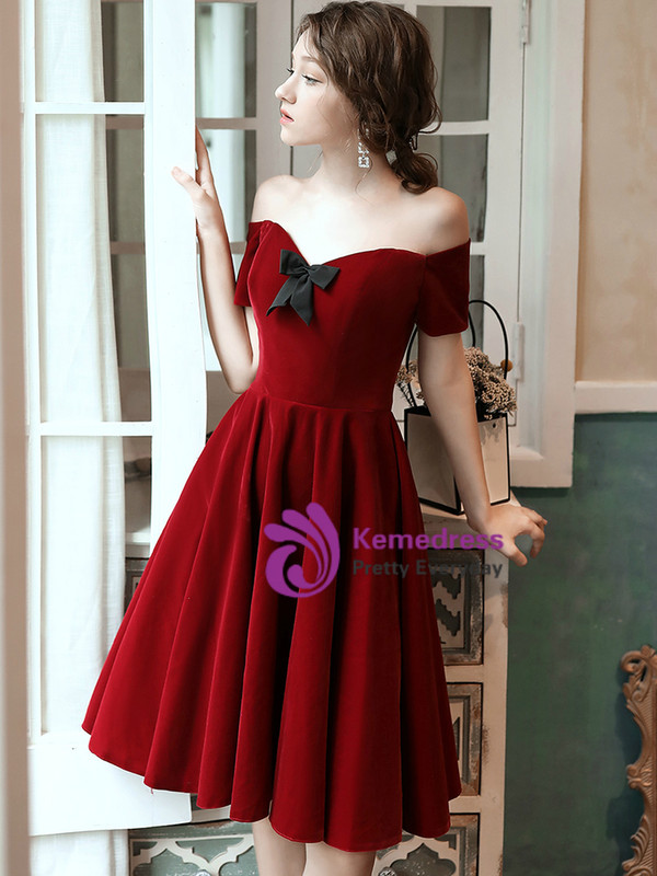 Simple Burgundy Off the Shoulder Short Sleeve Short Prom Dress 2020