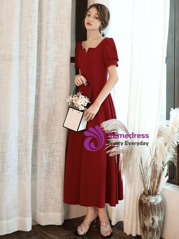 High quality Burgundy Satin Square Short Sleeve Tea Length Prom Dress 2020