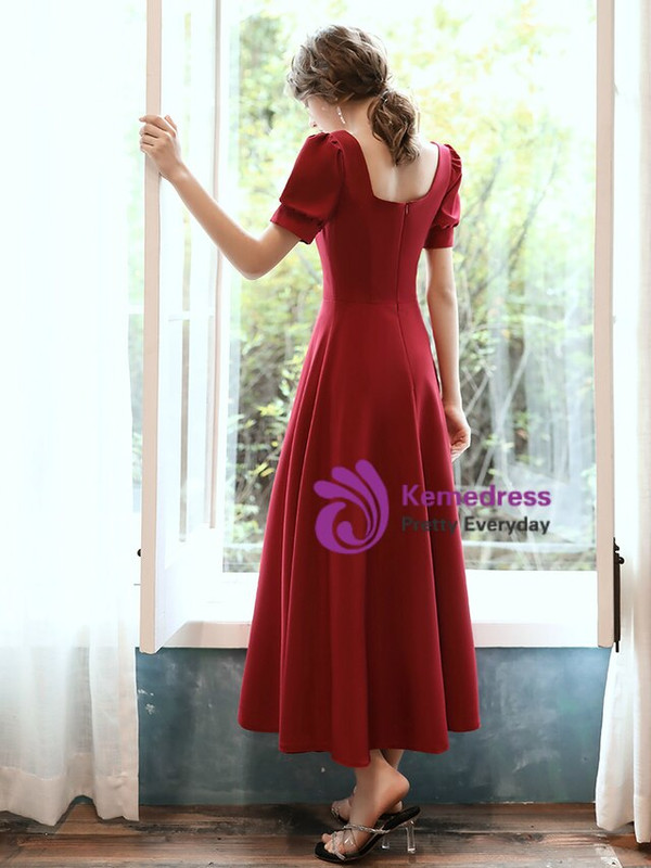 High quality Burgundy Satin Square Short Sleeve Tea Length Prom Dress 2020