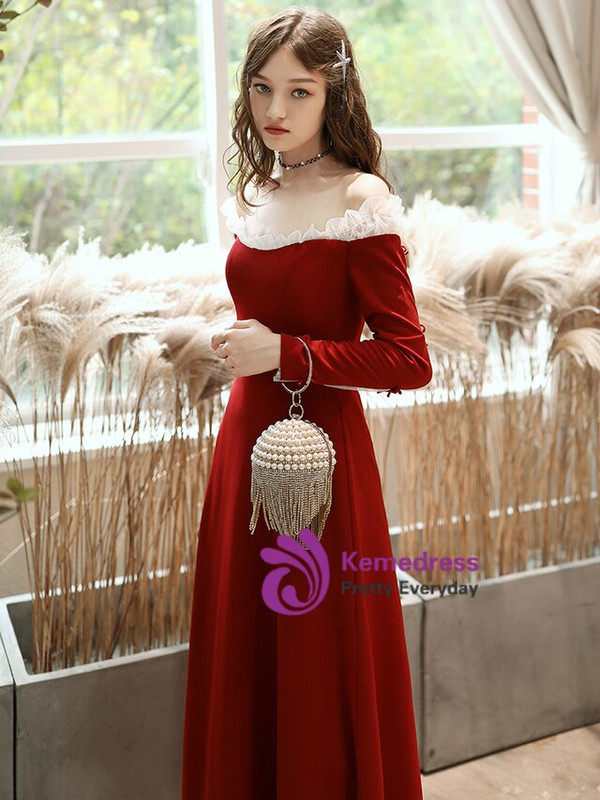A-Line Burgundy Satin Off the Shoulder Long Sleeve Floor Length Prom Dress 2020