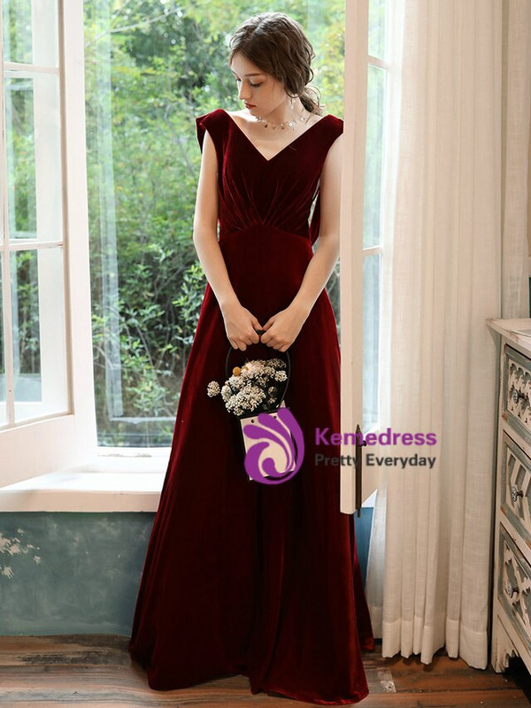 Hot Sale Burgundy Velvet V-neck Backless Floor Length Prom Dress 2020
